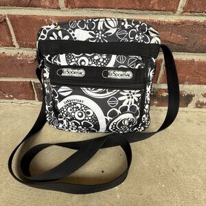 LeSportsac Crossbody Purse Shoulder Bag Black White Small Travel Hobo